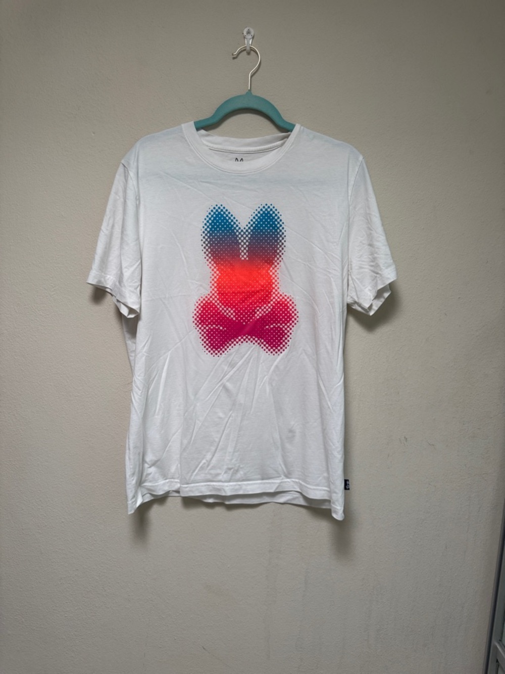 Phycho Bunny White Men’s Graphic T‑Shirt with Blue-Red-Pink Gradient Bunny Motif